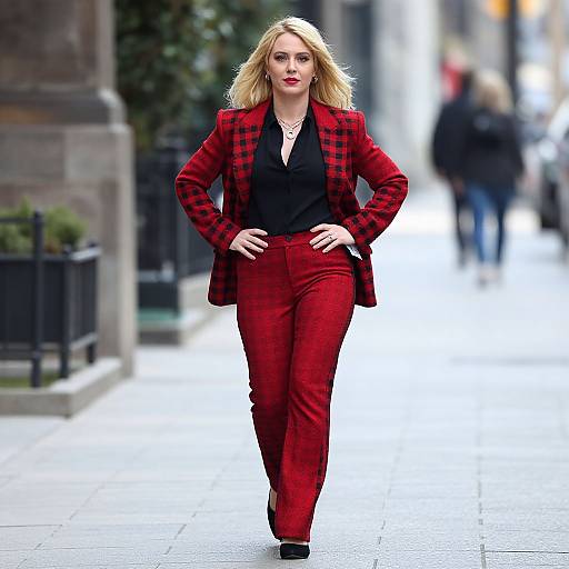 Confident Blonde Woman in Checkerboard Outfit