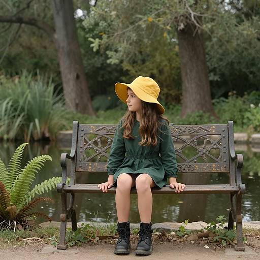 Young Girl Sitting on Ornate Bench by Pond