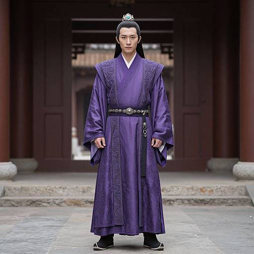 Photograph of a male model in traditional Korean royal attire: purple silk robe with black belt, white collar, silver crown, standing in front of a