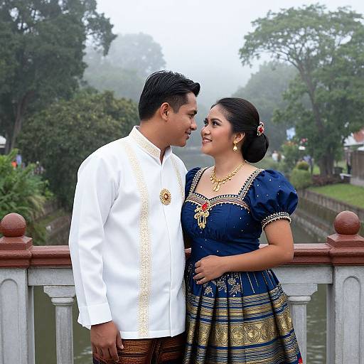 Photograph of a smiling Asian couple in traditional attire standing on a bridge, with lush greenery and misty background. He wears a white shirt with