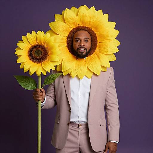 Photograph of a bearded Black man in a beige suit, white shirt, wearing large yellow sunflowers as a headpiece, holding a smaller sun