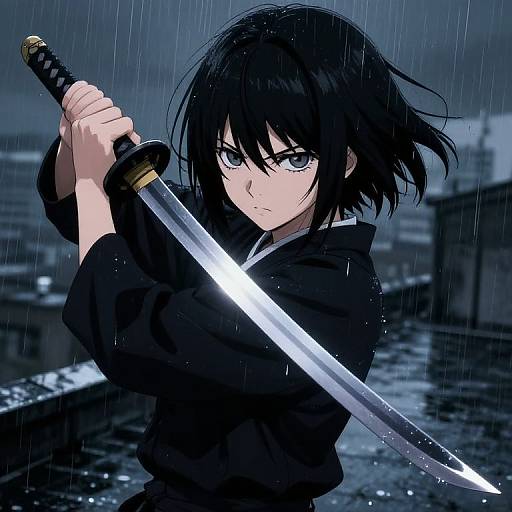 Anime-style digital drawing of a serious, black-haired samurai with blue eyes holding a glowing katana in the rain, against a dark, rainy urban