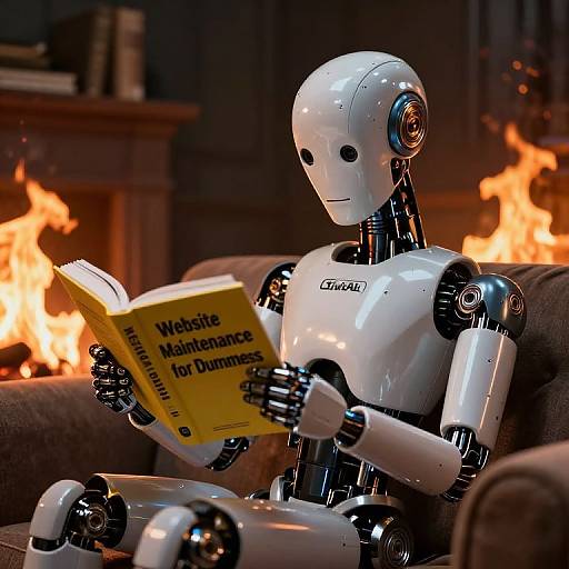 Photorealistic Android Reading Amid Fire