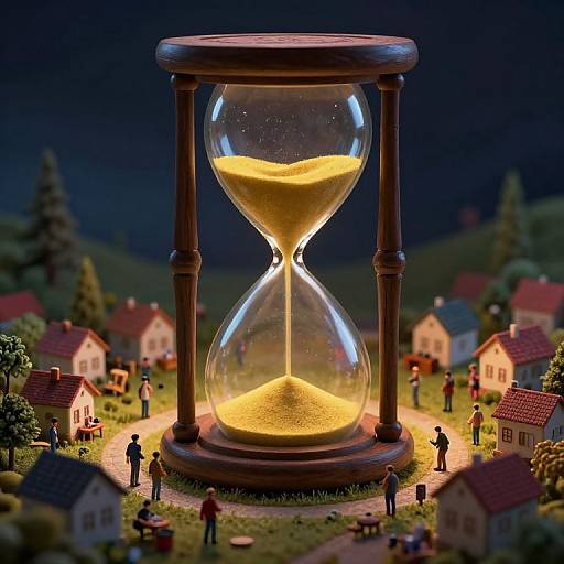 Photorealistic CGI: Giant hourglass with glowing sand stands in a miniature village, surrounded by tiny people and houses under a dark night sky.