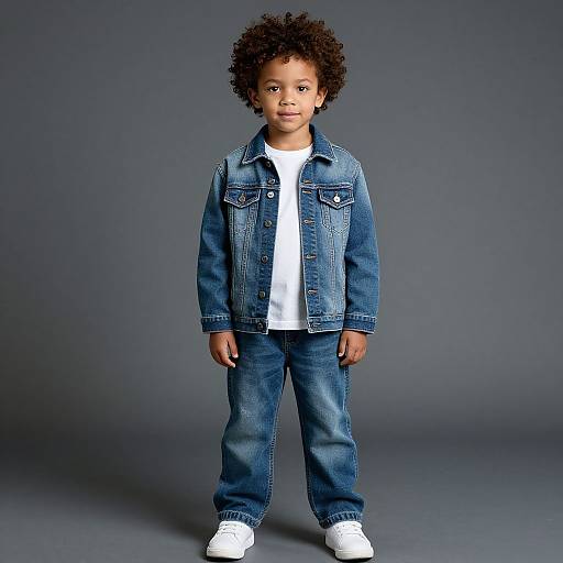 Photograph of a young Black boy with curly hair, wearing a blue denim jacket, white shirt, blue jeans, and white sneakers, standing against a
