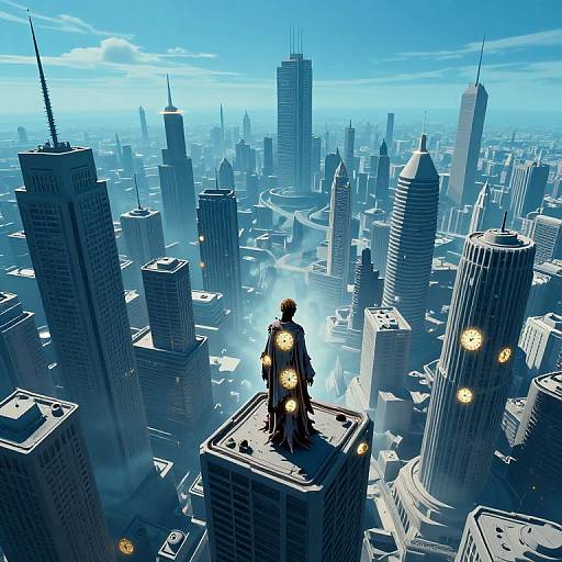 Digital art of a dark figure with glowing lights on a skyscraper rooftop, overlooking a futuristic, blue-toned cityscape with tall buildings.
