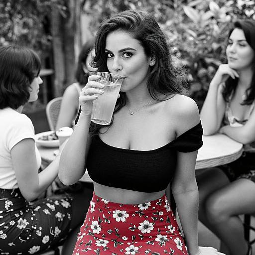 Photograph: Attractive woman with wavy dark hair, off-shoulder black top, and red floral skirt, sips water outdoors, surrounded