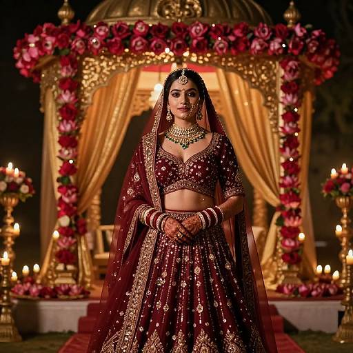 Photograph of a beautiful Indian bride in a maroon, gold-embroidered lehenga and choli, standing in front of a floral,