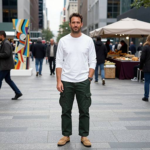 Photograph of a bearded man with short dark hair, wearing a white long-sleeve shirt, dark green pants, and tan shoes, standing