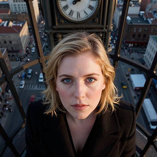 Photograph of a blonde woman with blue eyes, wearing a black coat, standing in front of a clock tower, overlooking a bustling cityscape below.