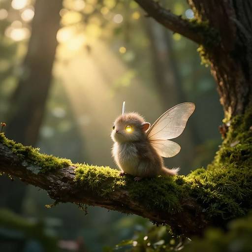 Photograph of a small, fairy-like creature with glowing yellow eyes and transparent wings, sitting on a moss-covered tree branch in a sunlit forest.