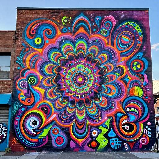 Vibrant, psychedelic mural on a brick wall featuring a colorful, intricate mandala design with swirling patterns and bold, vivid hues.