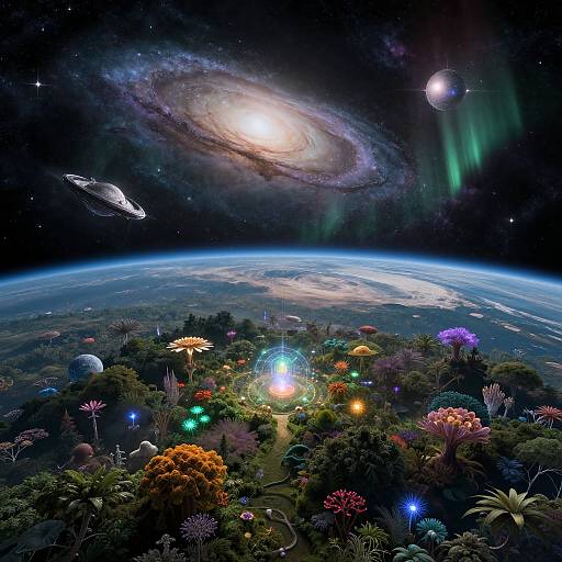 Digital artwork of a vibrant alien planet with colorful flora, glowing orbs, a galaxy spiral, and a distant planet in a starry, cosmic background.