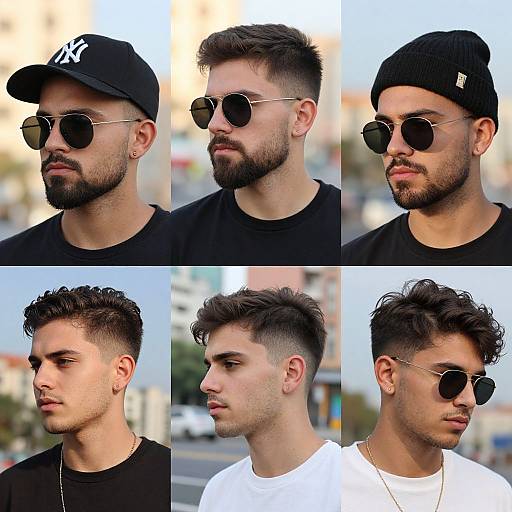 Photograph collage of a bearded man with short, curly black hair in six different poses wearing black and white t-shirts, black beanie, and