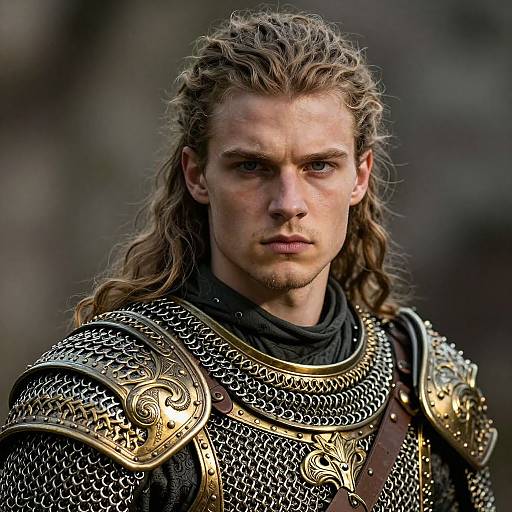 Photorealistic CGI of a stern, long-haired, blue-eyed warrior with golden armor and chainmail, set against a blurred, dark forest background.