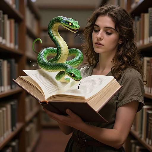 Photograph-style digital artwork of a curly-haired woman in a brown dress holding an open book, with a green snake coiled on top in a library