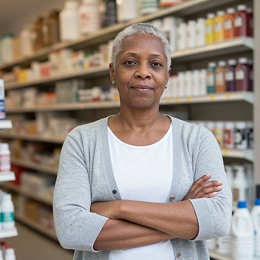 Photograph of an African-American woman with short gray hair, wearing a white shirt and light gray cardigan, standing with arms crossed in a brightly lit