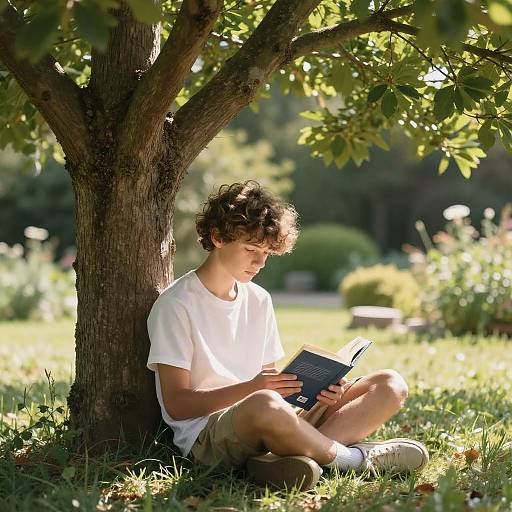Photograph of a young man with curly brown hair, wearing a white t-shirt and beige shorts, sitting under a tree, reading a book in a