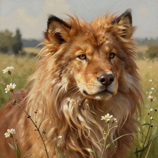Digital painting of a majestic, golden-brown wolf with a thick, flowing mane, surrounded by white daisies in a sunny meadow.