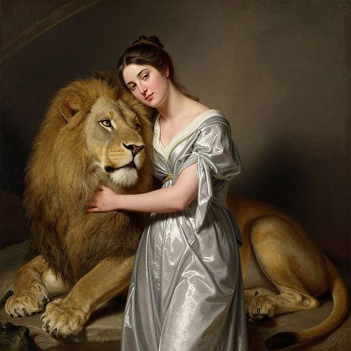 Baroque-style digital painting of a fair-skinned woman in a silver, satin dress gently touching a large, regal lion's mane. Dark background