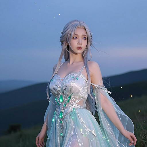 Digital artwork of a fair-skinned, blue-eyed woman with long silver hair in a glowing, white, ethereal dress with blue lights, standing in