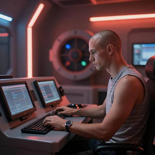 Bald Man at Futuristic Control Panel