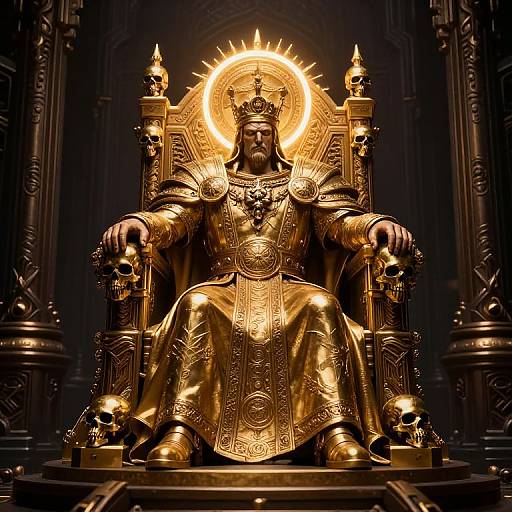 Golden, skeletal monarch throne with crown, ornate robes, skull armrests, and halo, set in dark, gothic cathedral-like background.