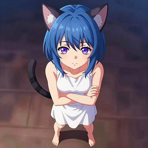 Anime-style digital drawing of a blue-haired girl with cat ears and tail, wearing a white dress, standing barefoot with arms crossed, looking up with