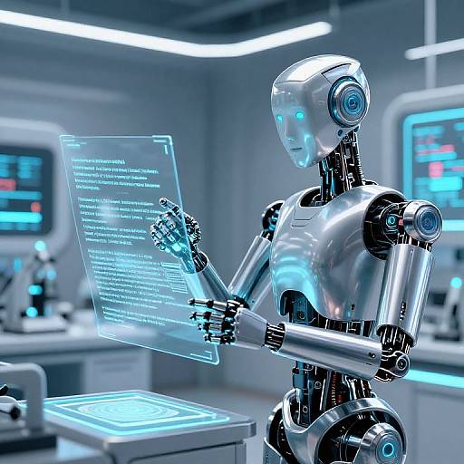 Digital CGI image of a shiny, blue-accented humanoid robot reading text on a holographic screen in a futuristic laboratory.