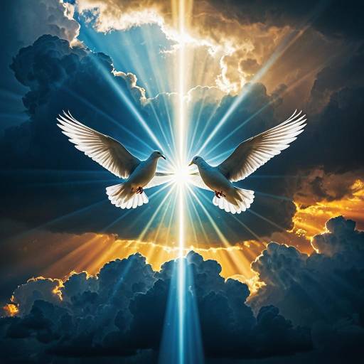 Doves Flying Through Radiant Sunlight and Clouds