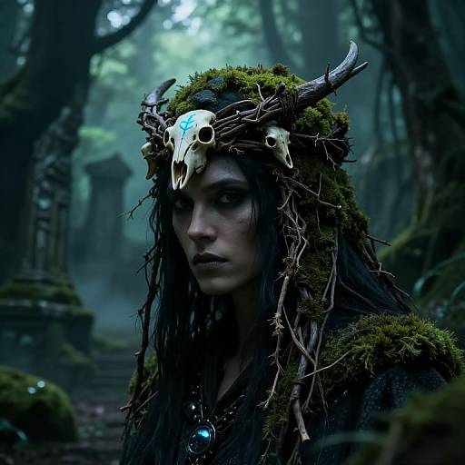 Digital fantasy portrait of a mysterious woman with dark, moss-covered hair, wearing a horned skull crown, in a misty forest.