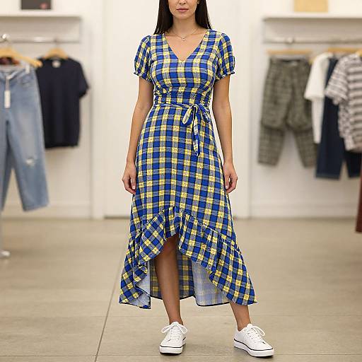 Photograph of an Asian woman wearing a blue and yellow plaid dress with a V-neck, short sleeves, and white sneakers, standing in a brightly