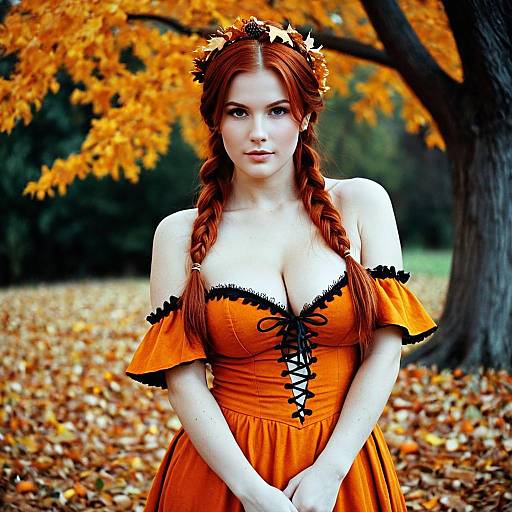 Red-haired woman in orange autumn dress