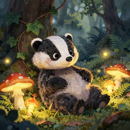 Cute, fluffy baby badger with white and black fur sits among glowing mushrooms in a magical forest, surrounded by fireflies and lush greenery.