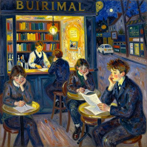 Impressionist-style painting of four children in dark school uniforms, reading and writing at outdoor café tables, with a warmly lit bookstore in the background at