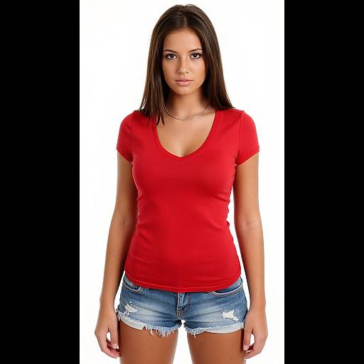 Photograph of a young woman with straight black hair, wearing a red V-neck t-shirt and frayed denim shorts, standing against a white background.