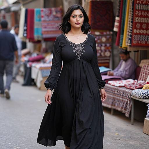 Photograph of a confident South Asian woman with dark hair in a black, long-sleeve dress, walking through a bustling outdoor market with colorful textiles