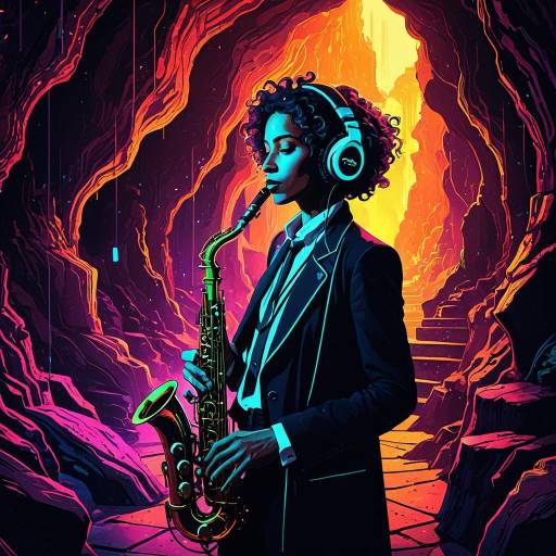 Androgynous Saxophonist in Neon Lava Cavern