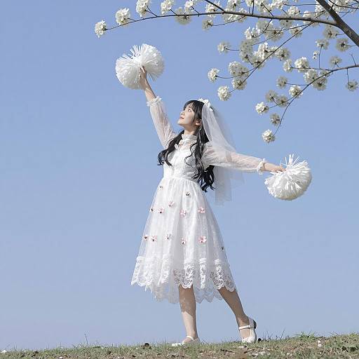 Woman in White Lace Dress with Pom-Poms Outdoors