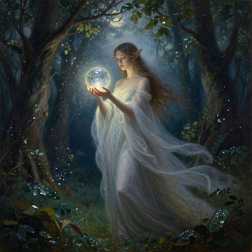 Digital fantasy artwork of a fair, elven woman with long brown hair and pointed ears, in a flowing white gown, holding a glowing, transparent orb