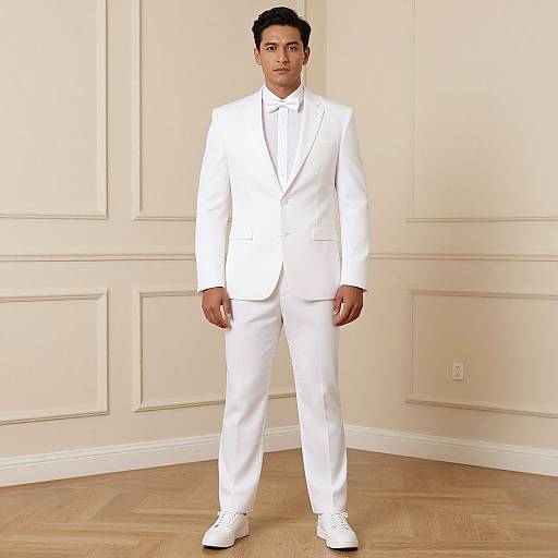 Photograph of a young South Asian man standing confidently in a white suit, white shirt, and white sneakers, against a beige-paneled wall and wooden