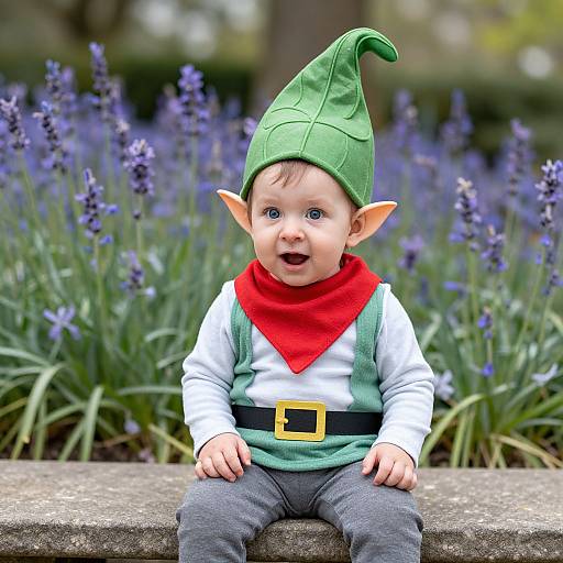 Photograph of a baby with elf costume: green hat, red scarf, green vest, white shirt, black pants, yellow belt, sitting on stone