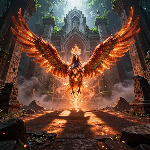 Digital artwork: A fiery, winged creature with orange and red feathers stands in a ruined, medieval cathedral, wings spread wide, illuminating the dark