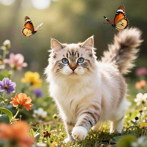 Photograph of a fluffy white and gray tabby kitten with blue eyes, walking through a sunlit, colorful flower garden with two orange and black butterflies