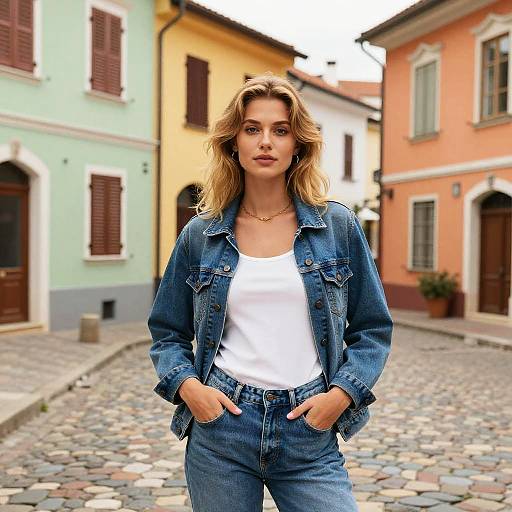 Photograph of a blonde woman with wavy hair, wearing a denim jacket and high-waisted jeans, standing confidently on a cobblestone street