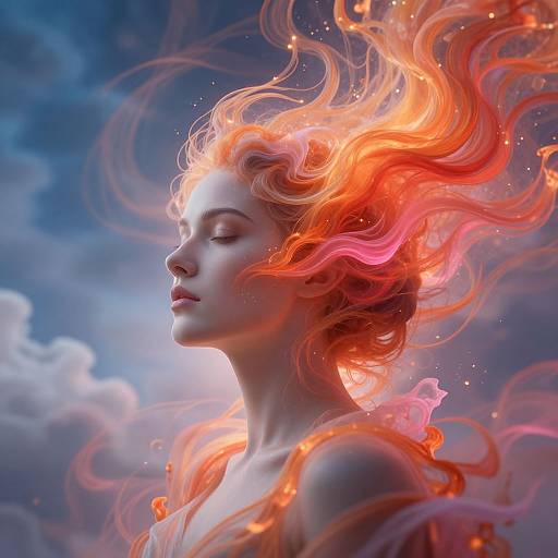Digital art of a serene, fair-skinned woman with flowing, fiery orange hair, set against a vibrant blue and white cloudy sky. Her eyes are