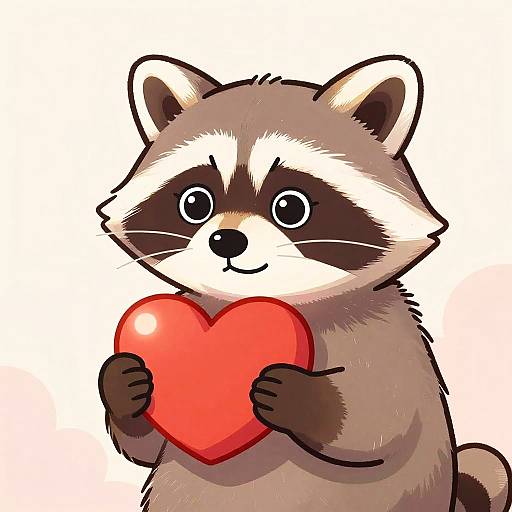 Cute digital illustration of a chibi-style raccoon with big eyes, holding a bright red heart against a white background.