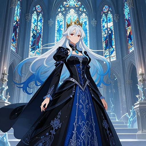 Digital anime-style artwork of a regal, white-haired woman with a crown, wearing a black, ornate gown, standing in a gothic cathedral