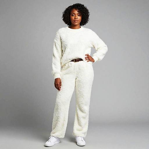 Photograph of a confident Black woman with curly hair, wearing a fluffy white sweater and pants, white sneakers, against a gray background.