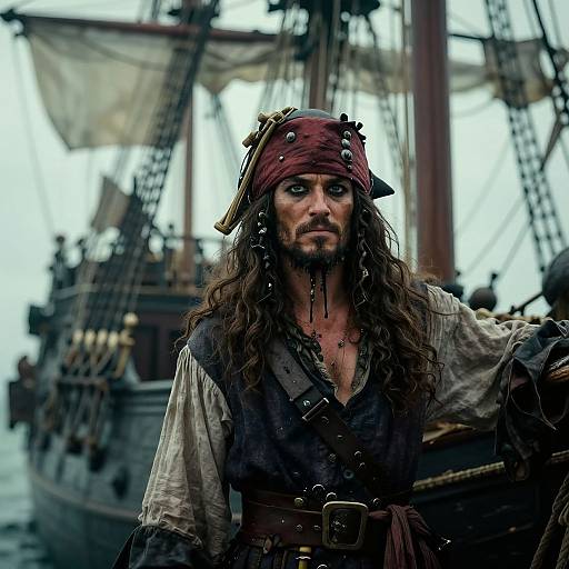 Photorealistic digital artwork of a rugged, long-haired pirate with a red bandana, tattered shirt, and eye patch, standing in front of